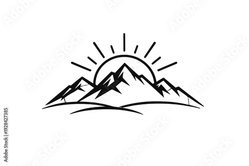 A minimalist black and white illustration featuring three mountain peaks with a rising sun and rays in the background, set against a solid black backdrop with curved ground lines.