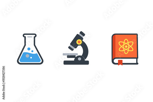 A collection of three flat science icons featuring a blue laboratory flask, a microscope, and an orange book with an atom symbol, isolated on a black background.