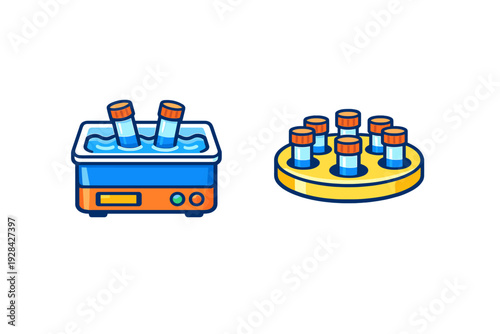 This vector illustration shows a blue and orange laboratory water bath with two test tubes and a yellow circular rack containing seven vials on a black background.