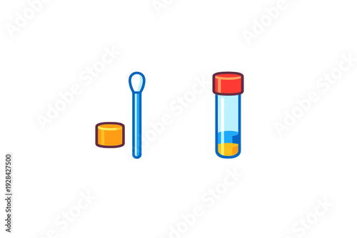 A vector illustration of a medical test kit featuring a cotton swab, an orange cap, and a test tube with a red lid containing yellow liquid, isolated on a black background.