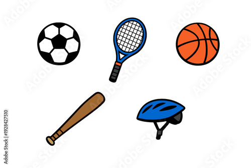 A collection of various sports equipment icons including a soccer ball, tennis racket, basketball, baseball bat, and a blue bicycle helmet isolated on a solid black background.