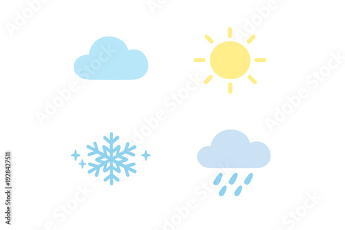 A set of four weather icons featuring a light blue cloud, a yellow sun, a light blue snowflake, and a rainy cloud with drops, all displayed against a solid black background.