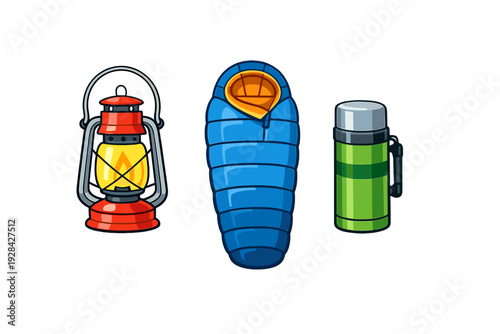 A set of three camping equipment illustrations featuring a red lantern, a blue sleeping bag, and a green thermos flask isolated on a black background for outdoor adventure themes.