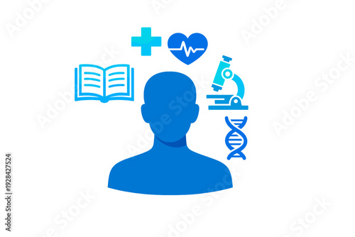A blue silhouette of a human head and shoulders is surrounded by medical and scientific icons including a book, heart, cross, microscope, and DNA strand on a black background.