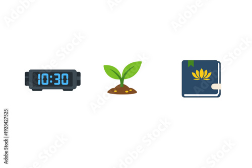 Three flat icons on a black background featuring a digital clock displaying 10:30, a small green plant sprout growing from soil, and a blue journal with a yellow lotus flower emblem.