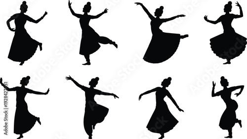 Traditional Indian woman dancer silhouettes set, classical dance poses collection, cultural performance female figure vector illustration isolated