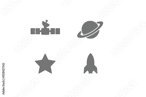 A collection of four grey space-themed icons including a satellite, a ringed planet, a five-pointed star, and a rocket ship, all arranged in a grid on a solid black background.