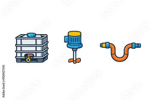 A set of three industrial equipment icons featuring a white IBC tank, a blue and yellow mechanical mixer, and an orange hose with blue fittings, all presented in a flat vector style.