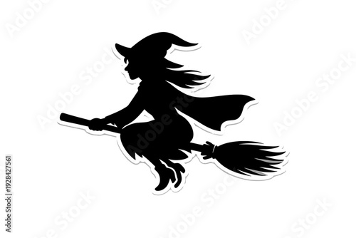 A black silhouette of a witch flying on a broomstick against a dark background. The figure features a pointed hat and flowing cape with a white outline for a sticker effect.