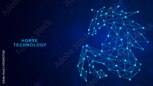 Digital Horse Technology Connection Network Background, Futuristic Blue Plexus Horse Animal Tech Concept, Cybernetic Horse Silhouette With Geometric Data Nodes, Abstract Artificial Intelligence Horse 