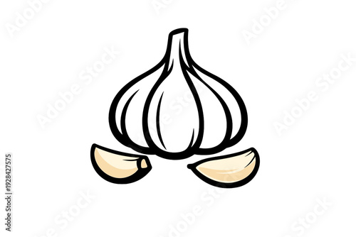 Two peeled garlic cloves are positioned horizontally against a solid black background. The illustration features clean lines and soft shading on the cream-colored vegetable pieces.