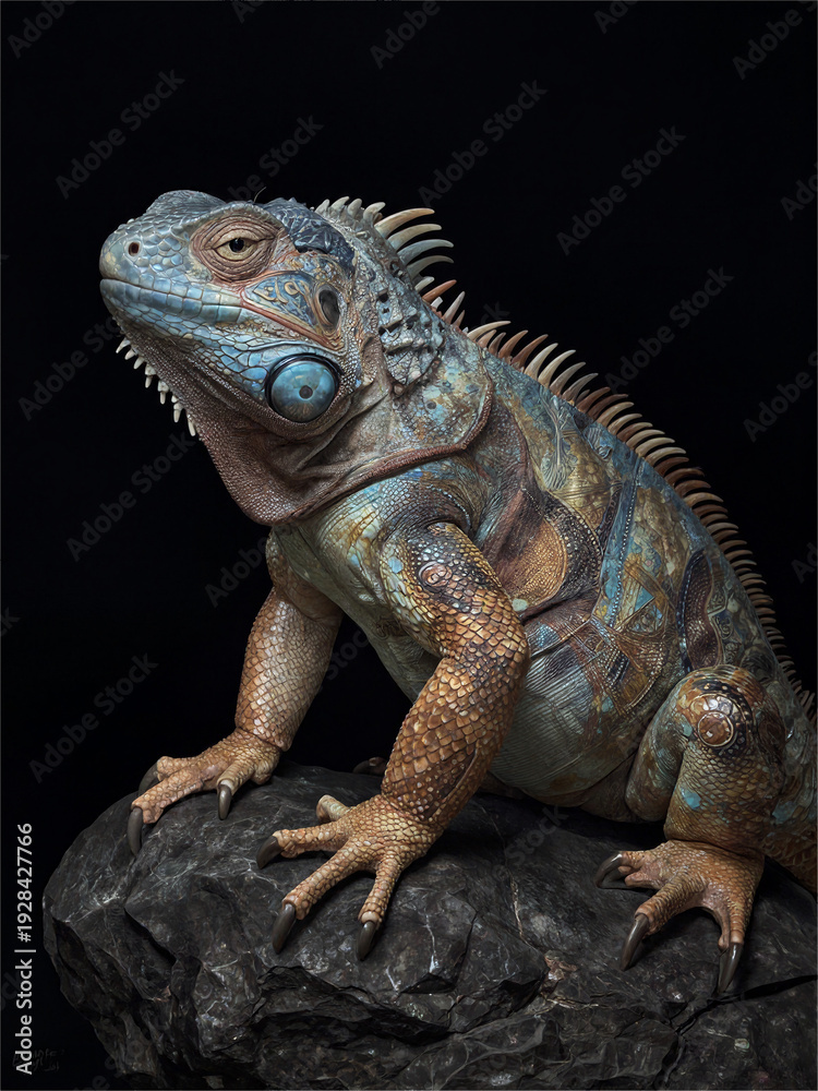 Fototapeta premium Iridescent Blue Iguana with Golden Scales on Dark Rock Background