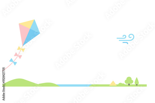 A colorful diamond kite flies in the sky above a minimalist landscape featuring green hills, a blue lake, a yellow tent, and trees. A wind icon indicates a breezy day in this vector illustration.
