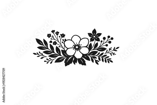 A black floral illustration featuring a central five-petaled flower surrounded by various leaves, sprigs, and small blossoms. This elegant botanical design is isolated on a dark background.
