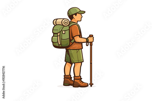 A flat vector illustration of a male hiker standing with a large green backpack and a trekking pole. He wears a cap, orange shirt, and hiking boots against a black background.
