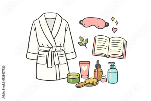 A collection of self-care and relaxation items including a white bathrobe, pink sleep mask, open book, and various skincare products like lotions and serums in a cute illustration style.