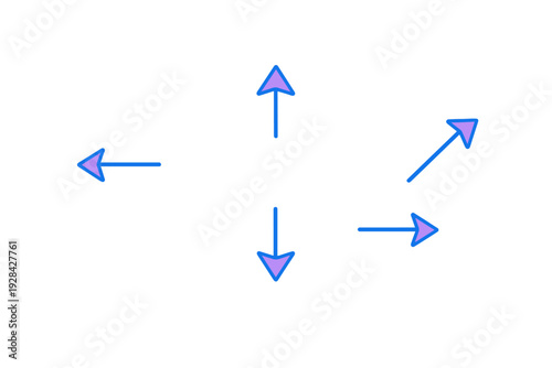 A black background features vertical white dashed lines and several blue arrows with purple tips pointing in various directions, including left, right, up, down, and diagonal.