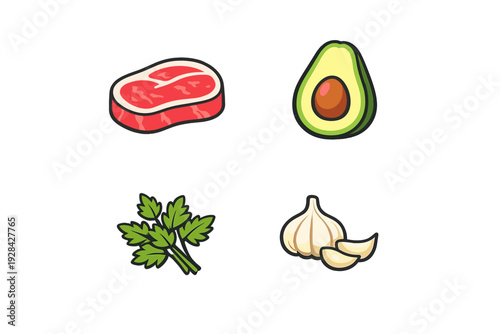 A collection of four food icons including a raw beef steak, a halved avocado with a pit, a bunch of fresh green parsley, and a garlic bulb with cloves on a black background.