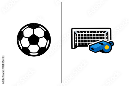 A graphic illustration featuring a white soccer goal net and a blue referee whistle with a yellow detail, isolated on a solid black background for sports themes.