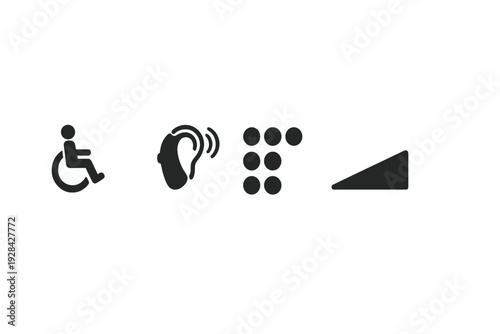 This image features four black minimalist accessibility icons arranged horizontally on a white background, representing wheelchair access, hearing aid, braille, and volume control.