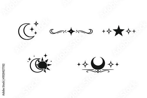 This set includes five black minimalist celestial illustrations of crescent moons, stars, and a sun with elegant swirls. The icons are isolated on a plain white background.