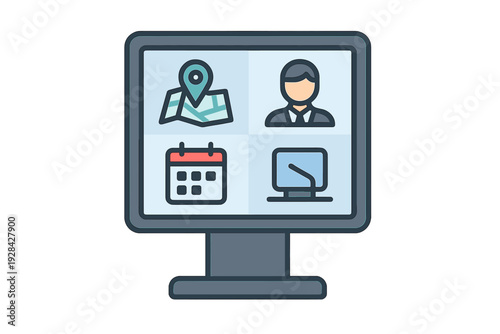 A computer monitor displays four distinct icons representing a map location, a user profile, a calendar for scheduling, and a secondary screen for monitoring or data analysis.