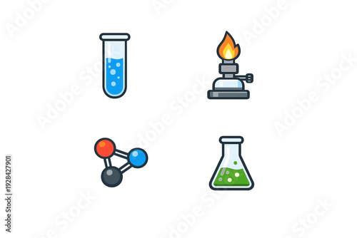 Collection of four science icons featuring a test tube with blue liquid, a laboratory burner with a flame, a molecular structure, and a conical flask with green liquid on a black background.