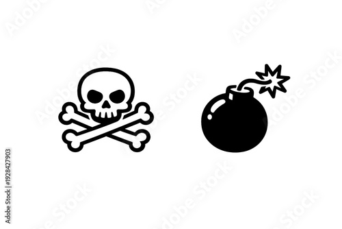 This minimalist dark line art illustration features a skull and crossbones icon positioned next to a round bomb with a lit fuse, all set against a solid dark black background surface.
