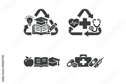 A collection of grey icons representing education and healthcare themes on a black background. Symbols include books, graduation caps, medical crosses, and stethoscopes in a flat style.