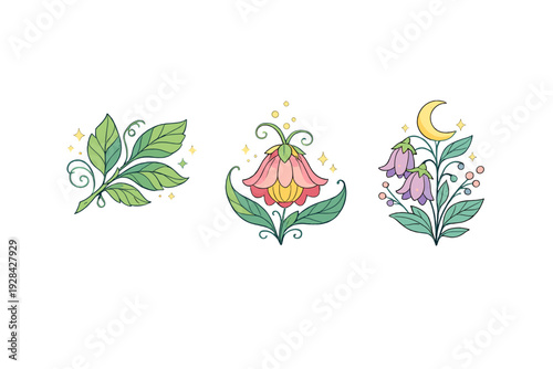 Three whimsical botanical illustrations featuring magical leaves, a pink flower, and purple bellflowers with a crescent moon and golden stars on a solid black background.