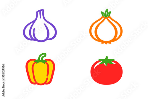 A collection of four colorful vegetable icons including a purple garlic bulb, an orange onion, a yellow bell pepper, and a red tomato, all set against a solid black background.