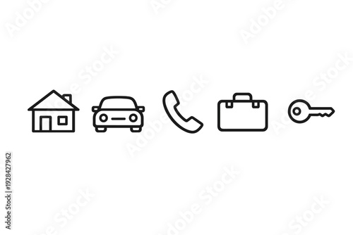 A horizontal row of five black outline icons featuring a house, a car, a telephone handset, a briefcase, and a key, arranged on a textured background.