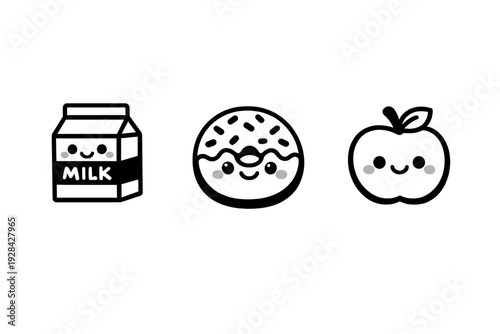 Three minimalist kawaii food icons including a milk carton, a sprinkled donut, and an apple with a leaf, all featuring happy faces and set against a solid black background.