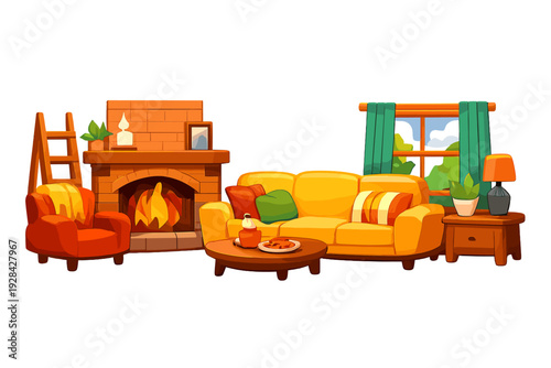 A cozy living room illustration featuring a warm fireplace, a yellow sofa with pillows, an orange armchair, a coffee table, and a window with green curtains on a black background.