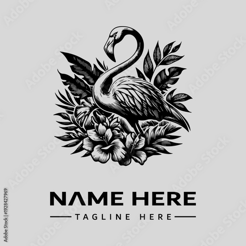 Black and white vintage woodcut style illustration of a flamingo surrounded by leaves and flowers with a logo template text 'NAME HERE' and 'TAGLINE HERE' on a light gray background