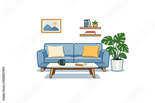 A flat vector illustration of a cozy living room featuring a blue sofa with pillows, a coffee table with a mug, a large monstera plant, and wall shelves against a dark background.