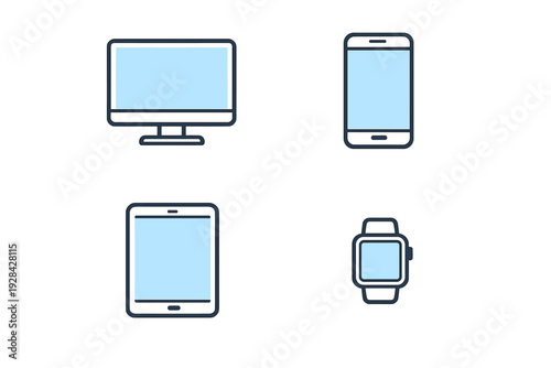 Four digital device icons shown on a dark background: a desktop monitor, a mobile phone, a tablet, and a smartwatch. Each icon has a light blue screen and a simple line art style.