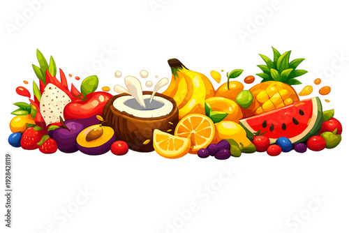 A vibrant digital illustration of a variety of tropical and common fruits including watermelon, pineapple, coconut, and banana, arranged horizontally against a solid black background.