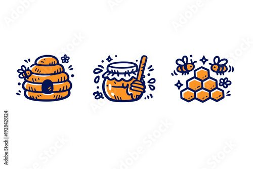 Three stylized orange and blue icons on a black background featuring a beehive, a honey jar with a dipper, and a honeycomb with bees in a hand-drawn doodle illustration style.