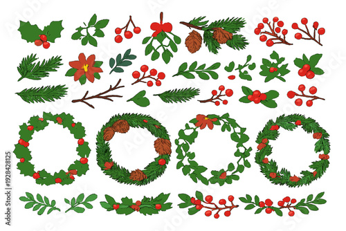 A collection of hand-drawn Christmas botanical elements including holly, berries, pine branches, and wreaths. This festive set features green leaves and red berries on a black background.