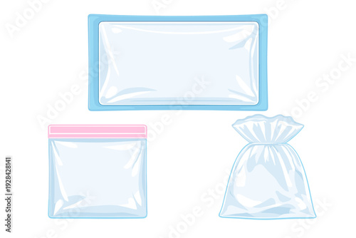 A vector illustration featuring three different types of clear plastic packaging, including a zip bag with a pink seal, a tied bag, and a rectangular blue-bordered pouch.