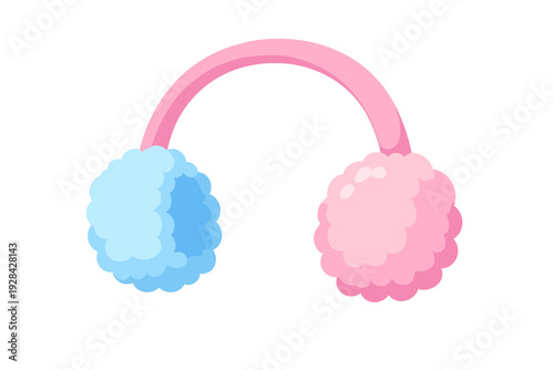This colorful illustration shows a pair of fluffy earmuffs with a pink headband and two different colored ear covers in light blue and pink, isolated on a black background.