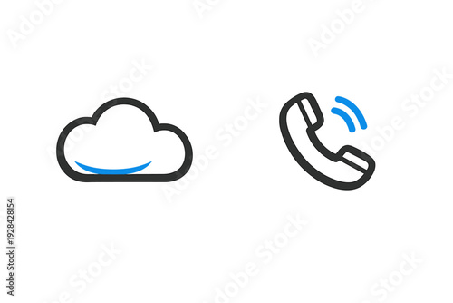 A minimalist illustration featuring a cloud icon with a blue accent and a telephone handset icon with blue signal waves, both set against a solid black background.