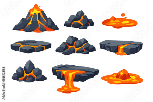 A collection of cartoon volcano and lava game assets featuring an erupting mountain, lava pools, waterfalls, and cracked rocks with glowing magma on a black background.