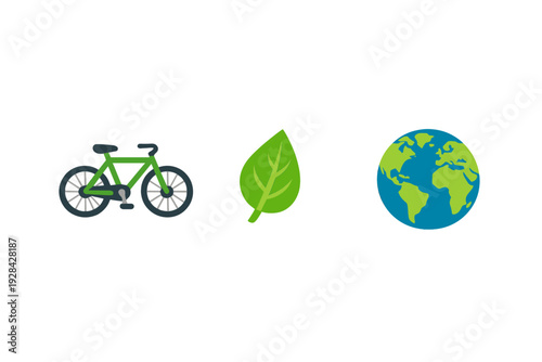 A green bicycle, a green leaf, and a blue and green Earth globe are displayed as flat icons against a solid black background, representing eco-friendly transportation and global ecology.