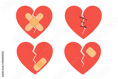 A set of four red broken hearts on a black background, featuring various repair methods like adhesive bandages and surgical stitches. This vector art represents emotional healing and pain.
