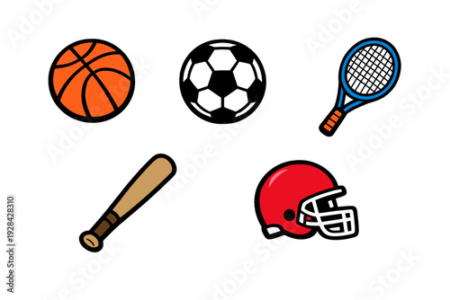 A collection of five colorful sports icons featuring a basketball, a soccer ball, a blue tennis racket, a wooden baseball bat, and a red football helmet on a solid black background.