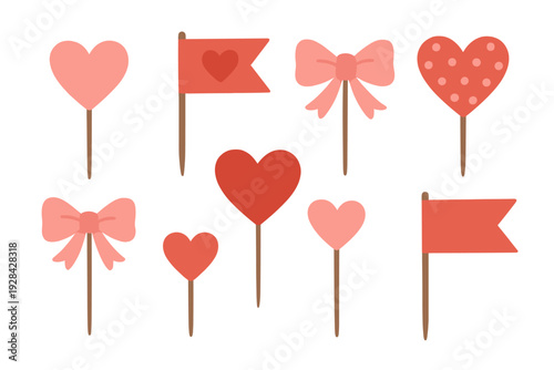 Set of pink and red party toppers including hearts, bows, and flags on wooden sticks. The flat illustration style is ideal for Valentine's Day themes and romantic celebrations.