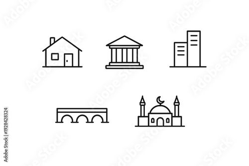 A collection of five black line icons representing various architectural structures including a house, a classical building, skyscrapers, an arched bridge, and a mosque on a white background.