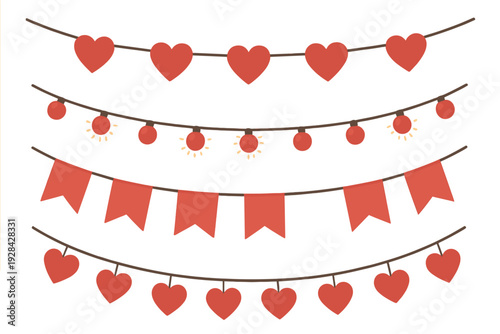 A collection of four red festive garlands featuring hearts, glowing light bulbs, and pennant flags hanging on strings against a black background for celebration and holiday decor.